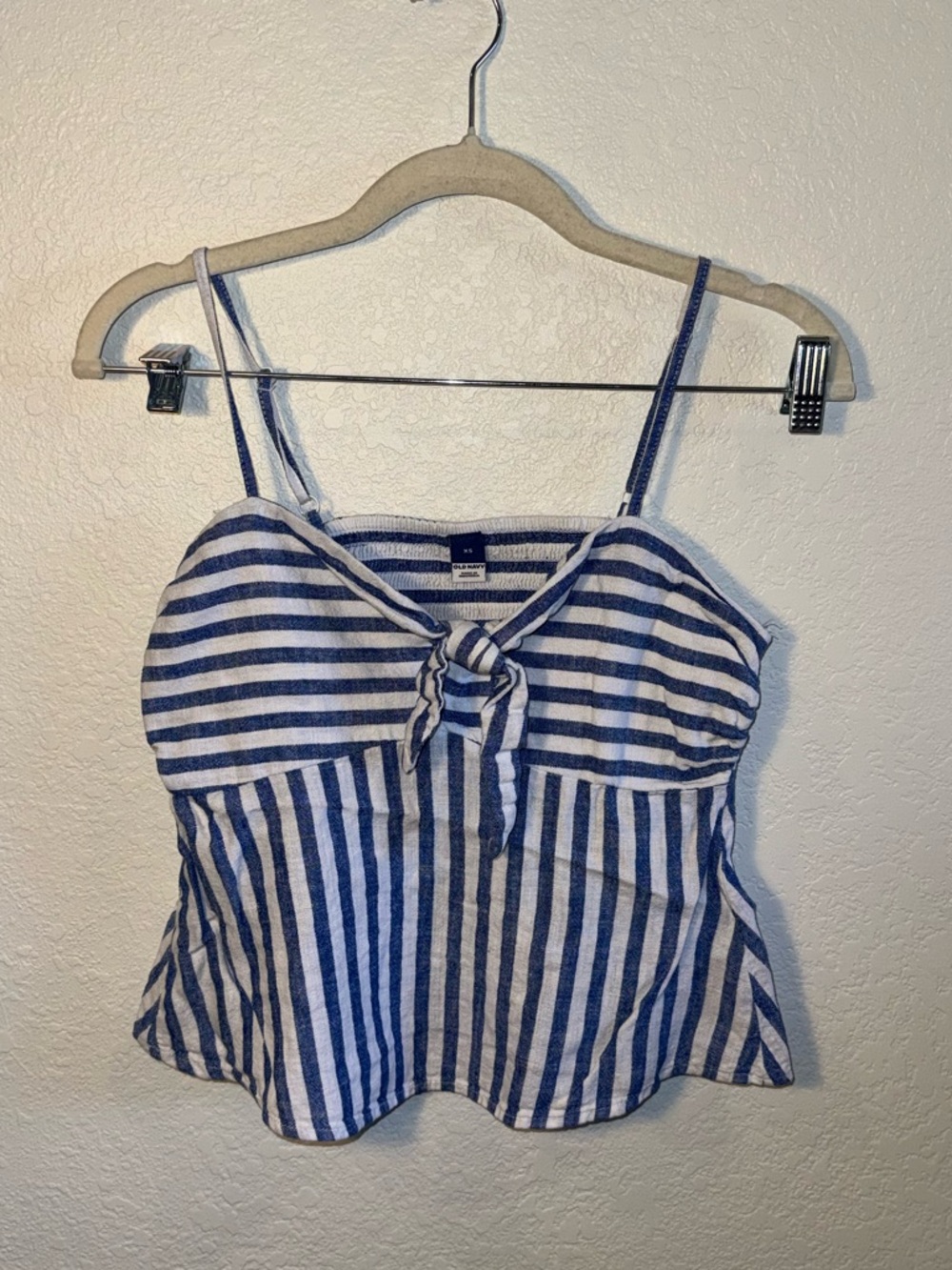 Old Navy Blue White Nautical Stripe Tie Bust Linen Tank Top Cut Out Size XS